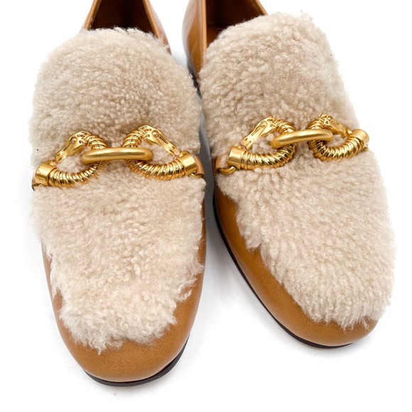 Tory Burch Jessa Shearling‎ Loafers Caramel Tan Leather Horsebit Sz 6.5 - Picture 3 of 10